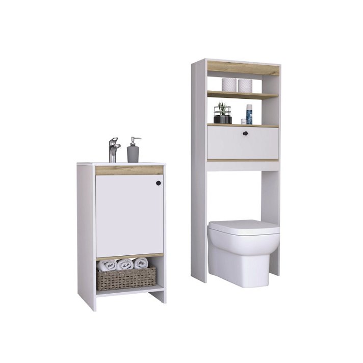 Conjunto de mueble de baño de pie con lavamanos y estantería sobre inodoro blanco Malaga TuHome
