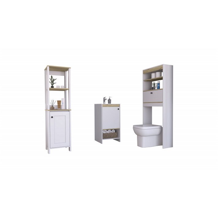 Set de baño de columna de una puerta más un mueble de pie con lavamanos y una estanteria sobre inodoro Malaga TuHome
