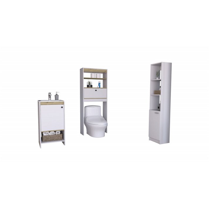 Set de baño con mueble de pie con lavamanos junto con estantería sobre inodoro y columna ergonómica Malaga TuHome