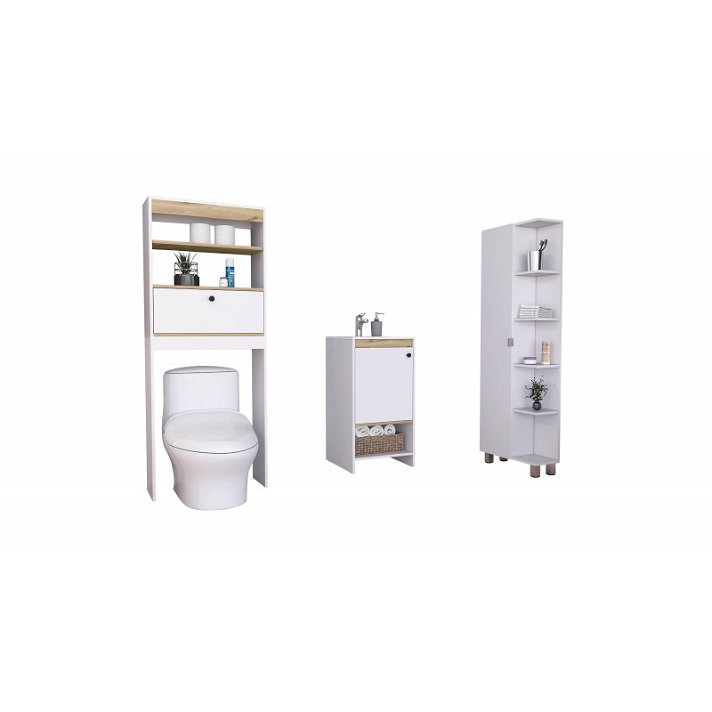 Set de baño de una estantería sobre inodoro junto con mueble de pie con lavamanos y una columna esquinera Malaga TuHome