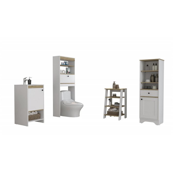 Set de baño de columna de una puerta y cajón con organizador bajo con lavamanos y estantería sobre inodoro Malaga TuHome