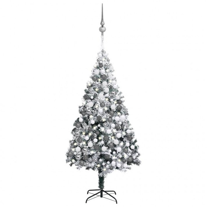 Árbol de Navidad artificial de 300 cm con luces LEDs bolas blancas y grises con nieve de PVC y acero verde VidaXL