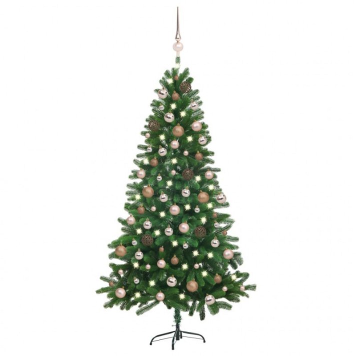 Árbol de navidad de 180cm con luces LED de conexión USB y adornos decorativos verde VidaXL