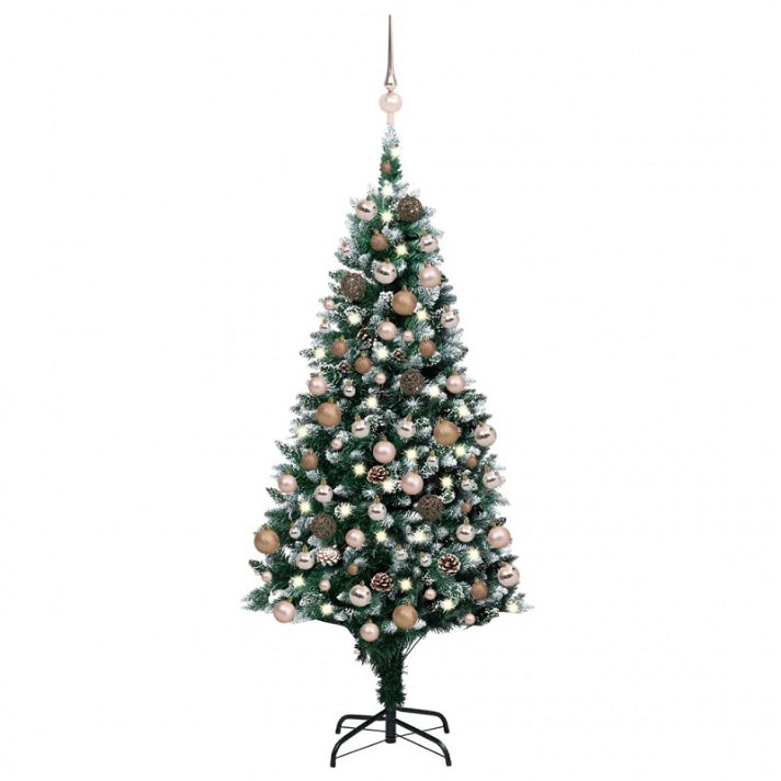 Árbol de Navidad artificial de PVC verde nevado con luces LED y adornos 180 cm VidaXL