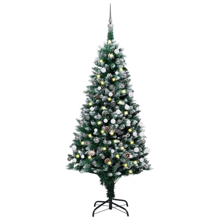 Árbol de Navidad artificial de PVC verde y blanco con luces LED y adornos 180 cm VidaXL