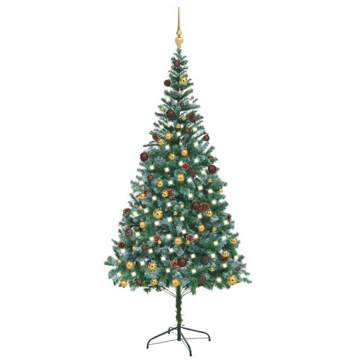 Árbol de Navidad artificial verde con LED incluye bolas doradas y piñas 210 cm de altura VidaXL