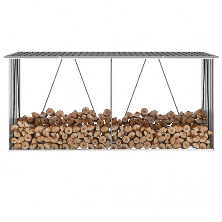 Casetilla de jardín para leña de 330 cm de acero galvanizado con barras de soporte gris VidaXL