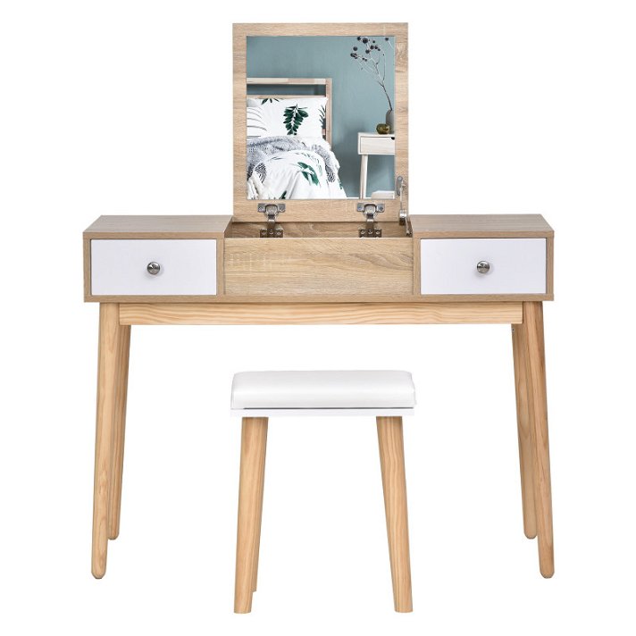 Tavolino da toilette in MDF con specchio, cassetti e sgabello imbottito in colore naturale Homcom