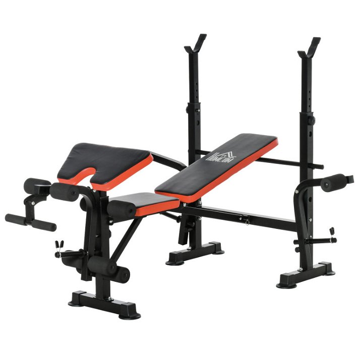 Banco de pesas para entrenamiento completo con respaldo regulable y barra para pesas de acero y PVC rojo y negro Homcom