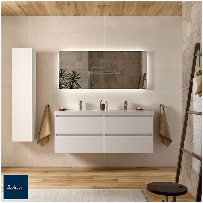 Mueble suspendido en MDF con doble lavabo integrado en porcelana y cajones de 139.4x54x45 cm blanco mate Bequia Salgar