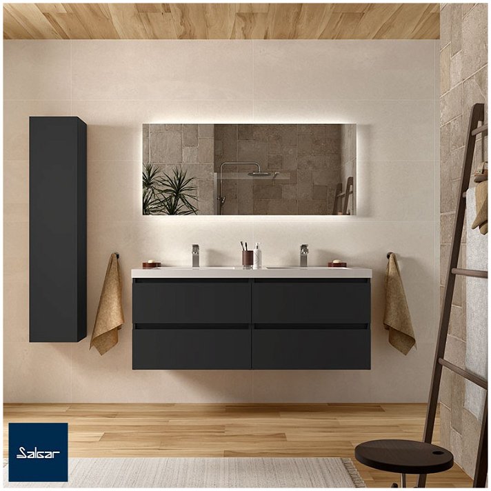 Mueble suspendido en MDF con doble lavabo integrado y cajones de 139.4x54x45 cm negro mate Bequia Salgar