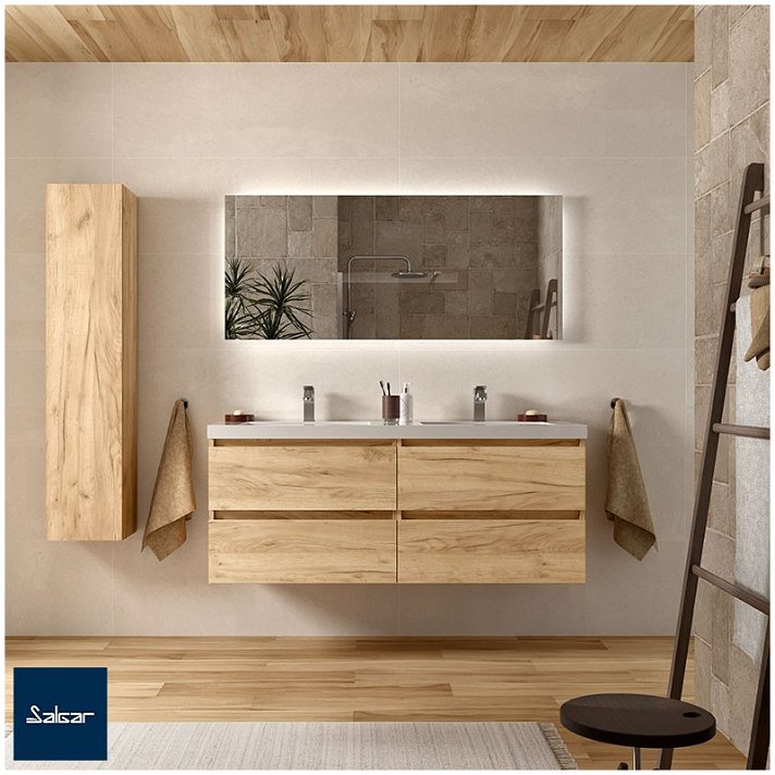 Mueble suspendido en MDF con doble lavabo integrado en porcelana y cajones de 139.4x54x45 cm roble Bequia Salgar