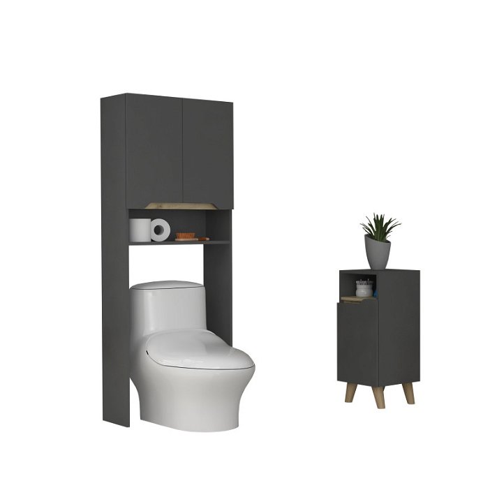 Set de muebles de baño integrado por una estantería sobre inodoro y un armario mediano de pared Laurent TuHome