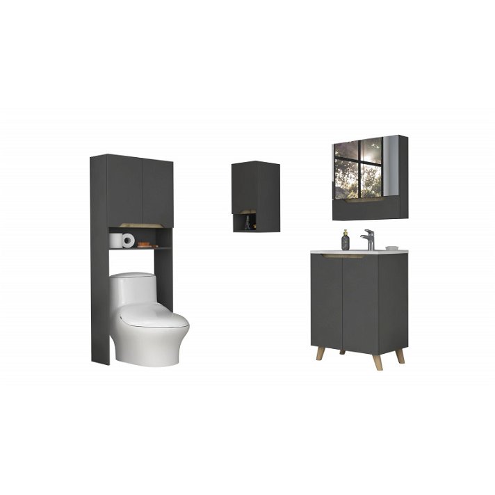 Set de baño con armario de pared con espejo con lavabo una estantería sobre inodoro y un armario colgante Laurent TuHome