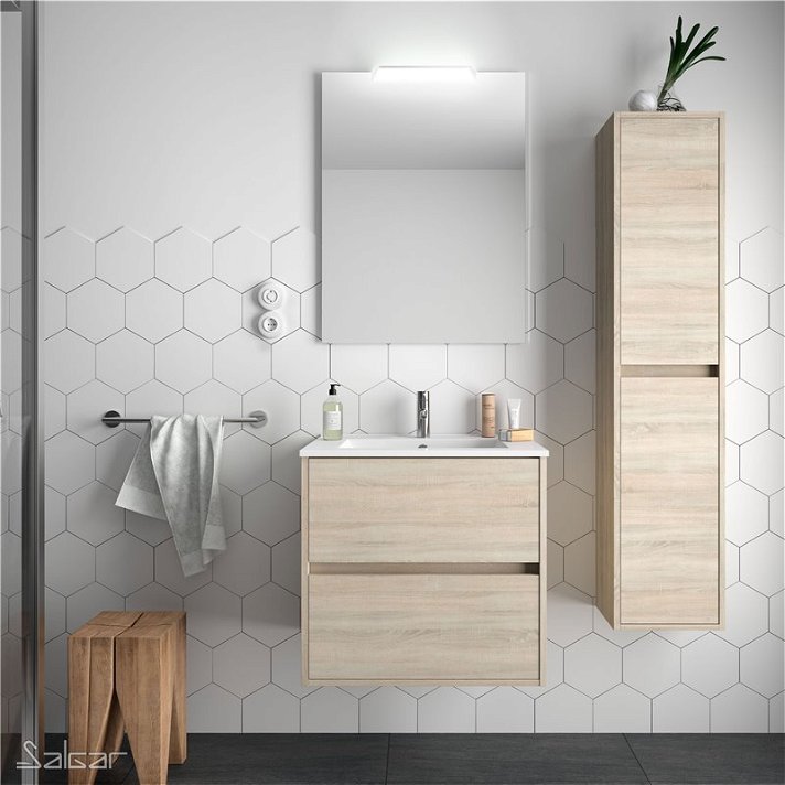 Meuble de salle de bains de 70 cm avec plan vasque et 2 tiroirs avec finition bois naturel Noja Salgar