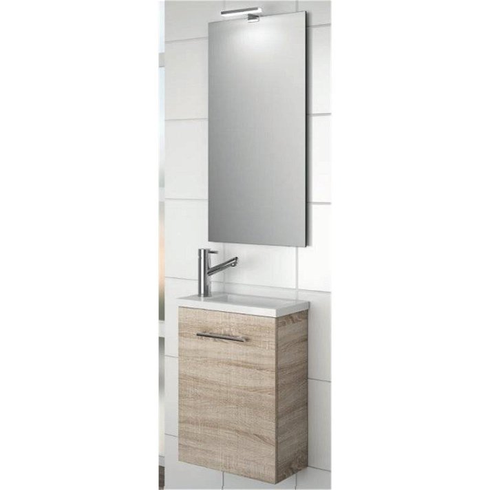 Mueble de baño con lavabo integrado y con una puerta de acabado roble caledonia Micro Salgar