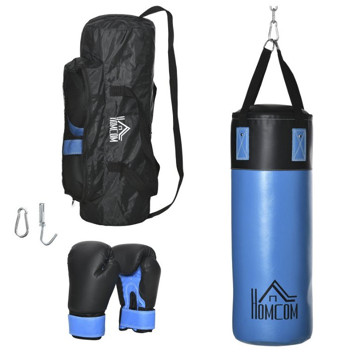 Saco de boxe profissional Ø 25x72 cm com luvas e bolsa de transporte de plástico e nylon azul e preto Homcom